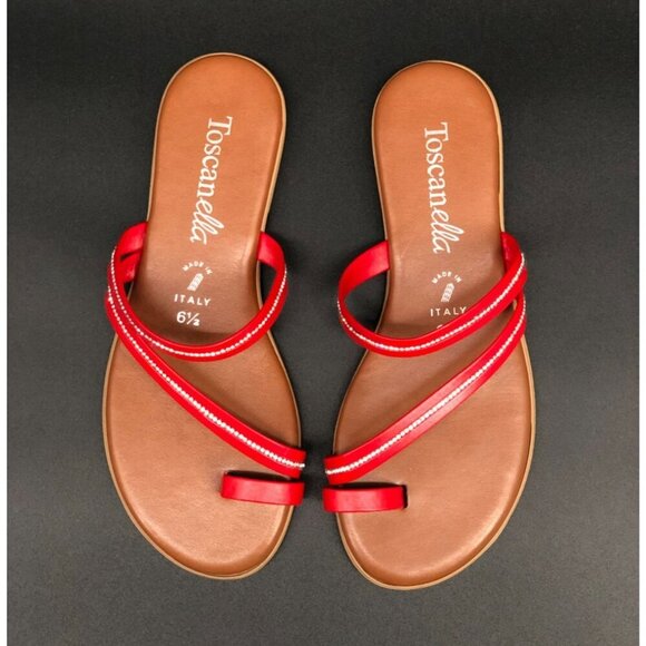 Toscanella Women's Slip-On Flat Sandals Size 6.5 Red Rhinestone Straps Summer - Picture 2 of 8